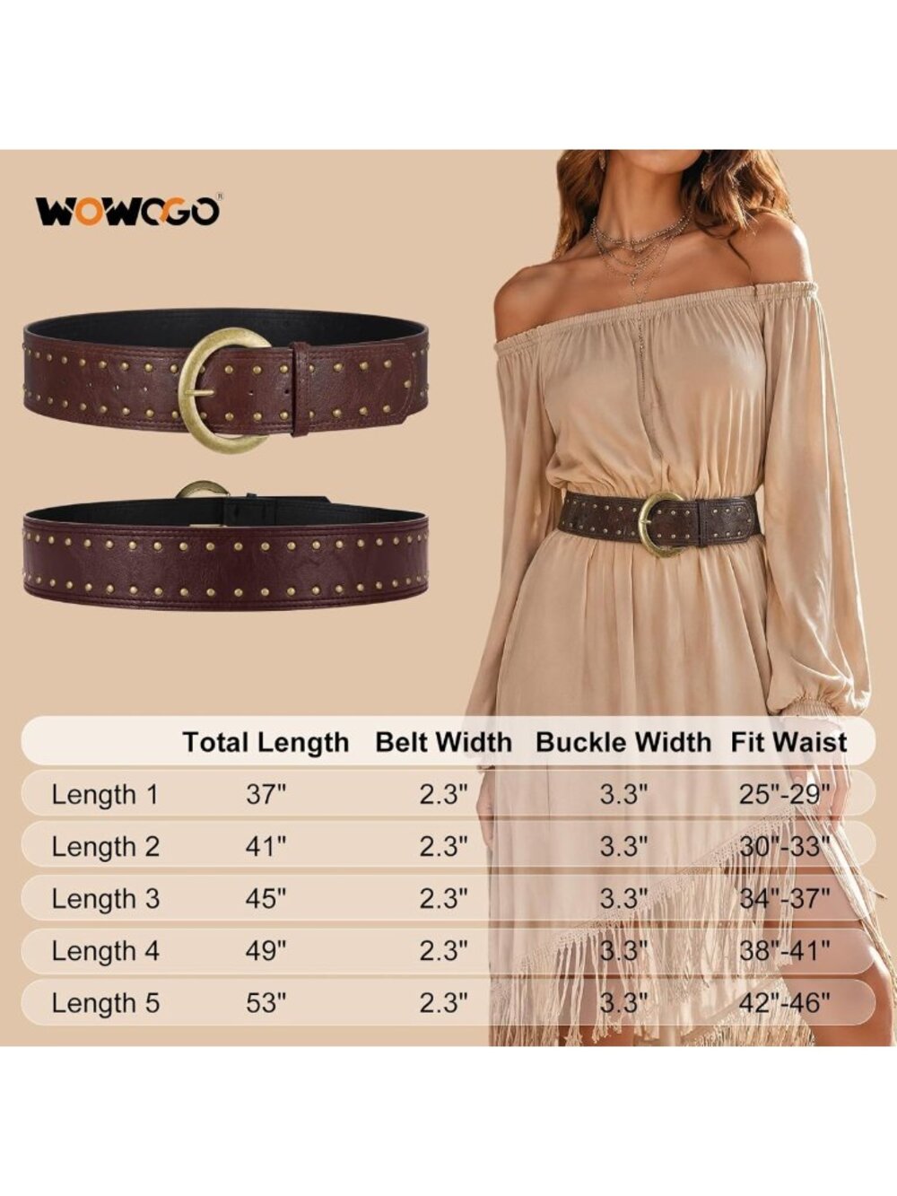 Wide Chunky Leather Waist Belt for Women - 2.3" Vintage Boho Studded Style - Picture 6 of 6
